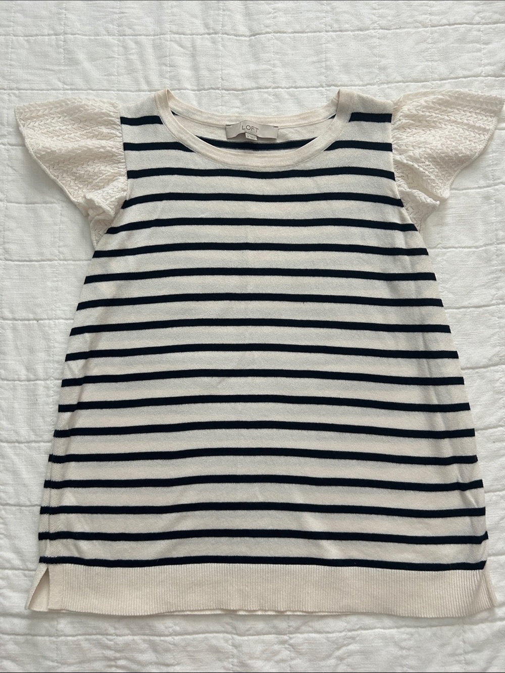 LOFT Cream and Black Striped Knit Top with Lace Flutter Sleeves